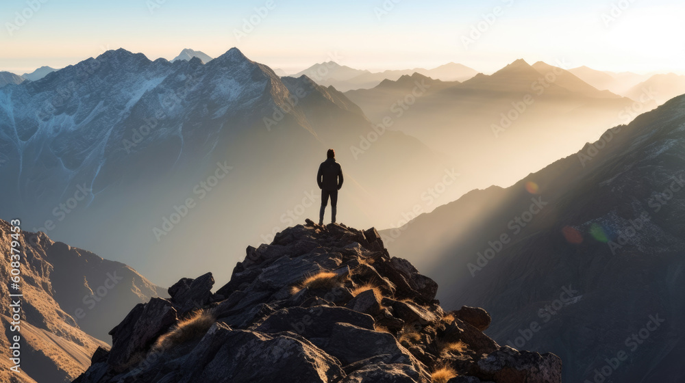Silhouette of a hiker on a mountain peak at sunrise dawn. Active life, travel, winter, trekking, and nature concept. AI Generative