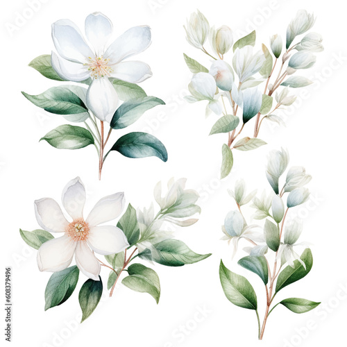 Set of white bloom floral watecolor. flowers and leaves. Floral poster, invitation floral. Vector arrangements for greeting card or invitation design