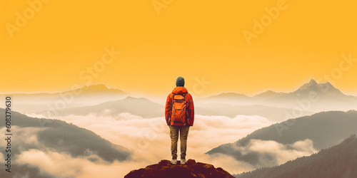 Hiker and vivid mountain landscape. Generative AI illustration