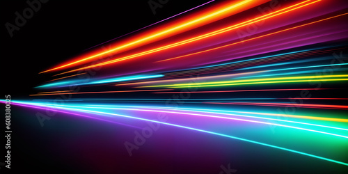 Futuristic abstract background featuring a network of neon-colored lines. The vibrant lines pulsate with energy, evoking a sense of speed and an electrifying vibe, technological world. Generative AI photo