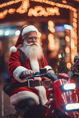A man dressed as santa claus rides a scooter. Generative AI.