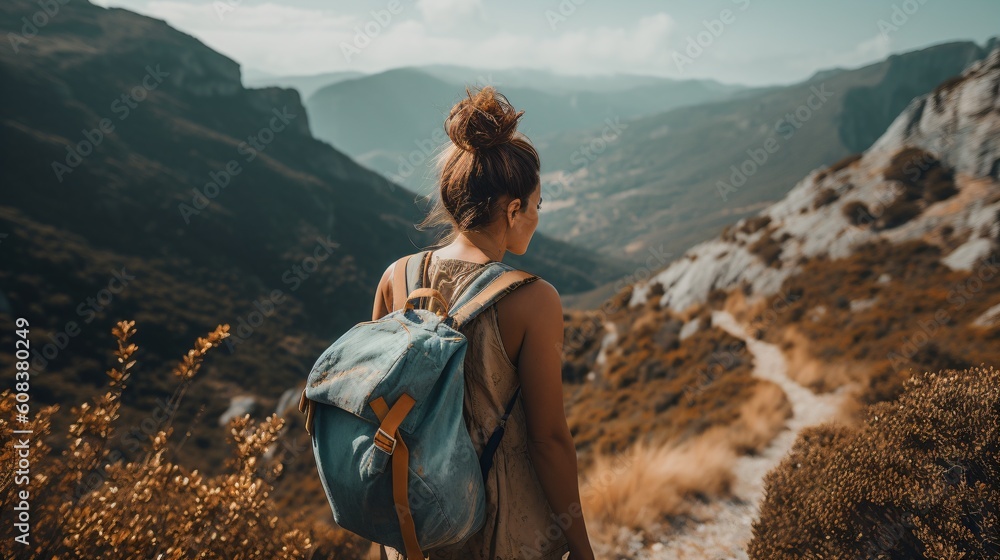 Female woman hiker on a mountain landscape. Generative ai Female woman hiker on a mountain landscape. Generative ai