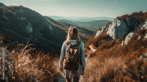 Female woman hiker on a mountain landscape. Generative ai