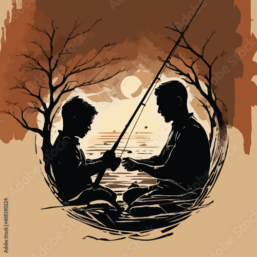 Father with son sharing childhood memories fishing at lake sunset watercolor style illustration