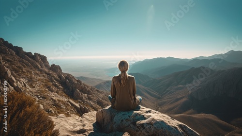 Woman practicing yoga and meditation on a mountain. Generative AI