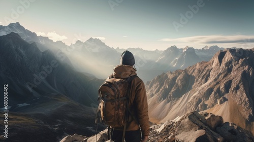 Back view photograph of a hiker on top of a mountain. Generative ai