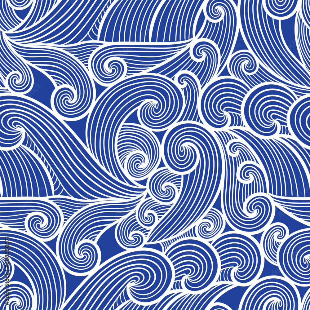 vector contemporary white wave lines asian style seamless pattern on blue