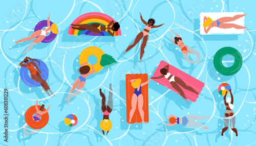 Women swimming in sea, ocean. Girls in bikini relaxing on blue water surface. Happy female characters in swimsuits. Summertime, swimming pool party, top view. Vector illustration
