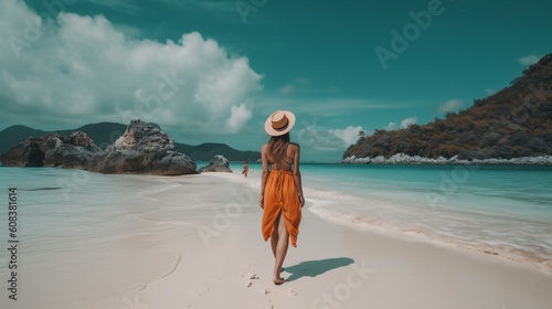 Female travel influencer at the beach. Generative AI
