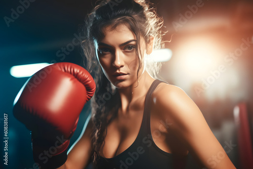 Women self defense girl power. Strong woman fighter training punches on boxing ring. Healthy strong girl punching boxing bag
