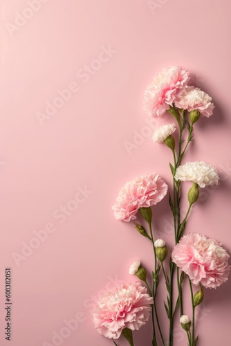 Mother's Day gift idea concept. Top vertical view flat lay of charming pink carnation flowers on a pastel pink background with empty space, Generative AI © FrameFlow