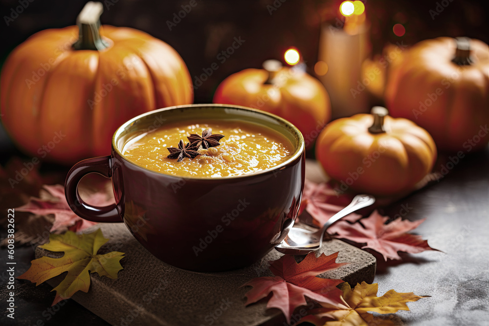 Pumpkin soup with cream in bowl on rustic wooden background. Ai generative Pumpkin soup with cream in bowl on rustic wooden background. Ai generative