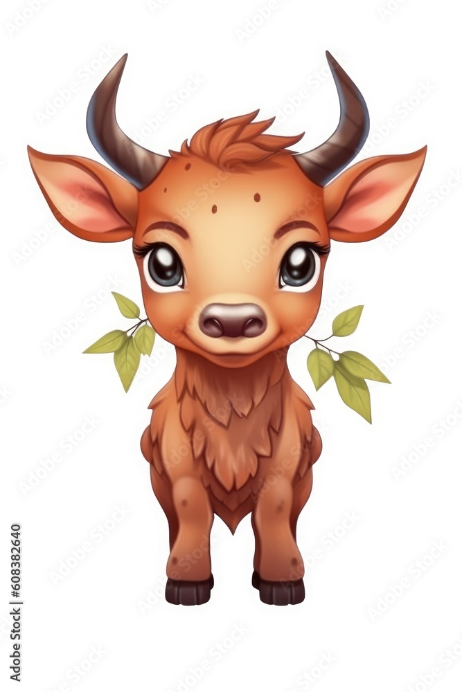 Cute baby Ox in Cartoon Style on white background - generative AI