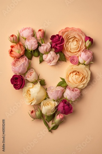 Love is in the air with Mother's Day or Valentine's Day concept! A top vertical view flat lay photo of a heart-shaped arrangement of roses on a pastel, Generative AI