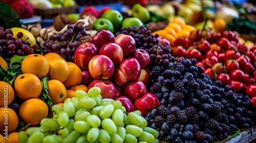 A close-up shot of fresh fruits and vegetables arranged in a vibrant display at a local farmers market. AI generated