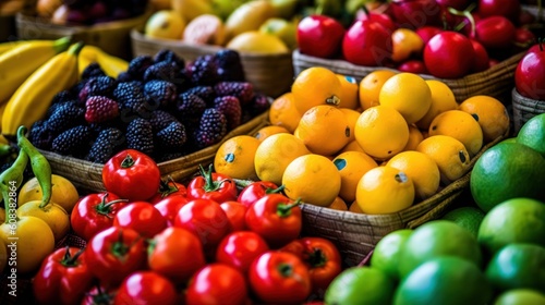 A close-up shot of fresh fruits and vegetables arranged in a vibrant display at a local farmers market. AI generated