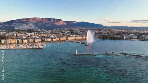 Aerial view at Geneva Water Fountain in Geneva Lake, Switzerland.