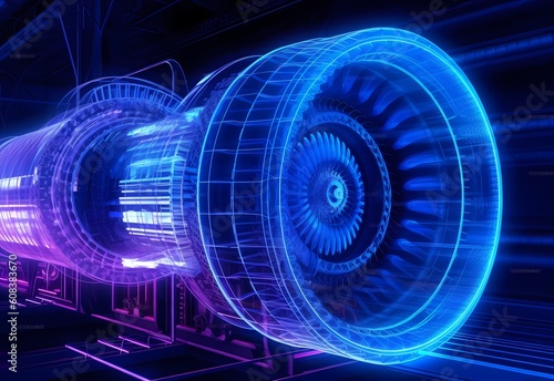 Wireframe rendering of turbojet engine on black background. Digital twins concept. 3D rendering image. Generative ai