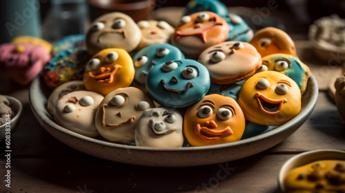 A plate of cookies with silly faces. AI Generated