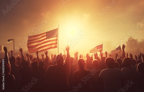 Patriotic holiday. Silhouettes of people holding the Flag of USA. America celebrate 4th of July. Generative Ai.