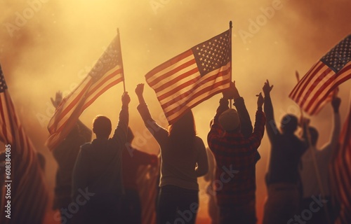 Patriotic holiday. Silhouettes of people holding the Flag of USA. America celebrate 4th of July. Generative Ai.