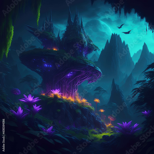 Alien Dark Rainforest With Glowing Neon Lights Plants And Flowers Fantasy Structure Night Generative Ai