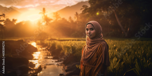 Frau aus Indonseien am Land, ai generativ