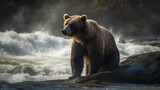 Brown bear catches salmon at waterfall. Ai Generated
