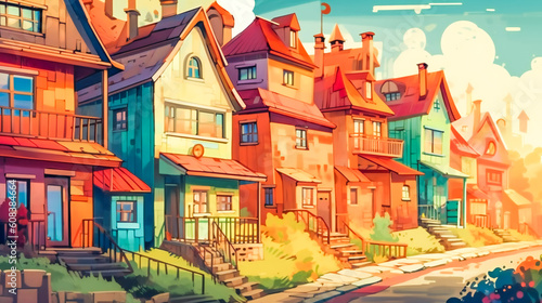 Colorful Cartoon Houses. Generative AI © EwaStudio
