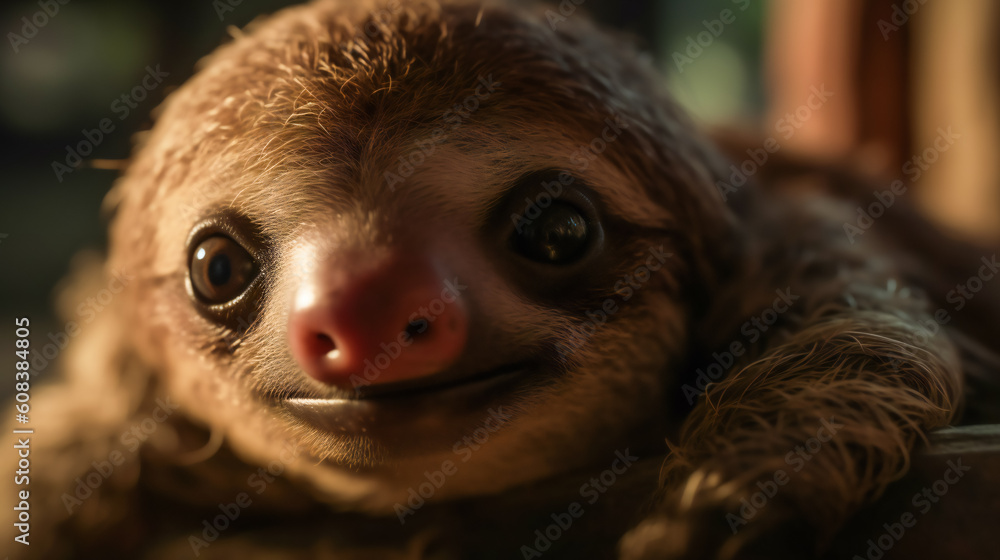 Fototapeta premium Curious Baby Sloth Peeking Out from Behind a Leaf. Generative AI