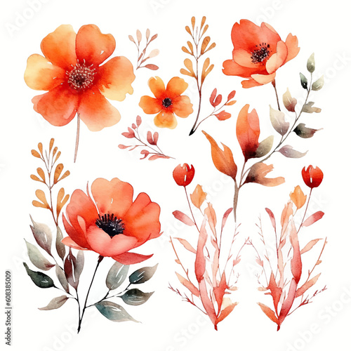 Set of floral watecolor orange and red. flowers and leaves. Floral poster  invitation floral. Vector arrangements for greeting card or invitation design
