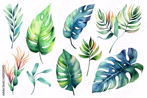 Hand drawn watercolor tropical plants set. Exotic palm leaves, botany elements. Perfect for fabric design. Generative ai. photo