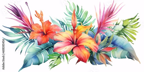 Fototapeta Naklejka Na Ścianę i Meble -  Hand drawn watercolor tropical plants set. Generative ai.