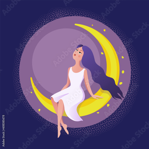 The girl sits on the moon and looks dreamily at the stars. Moonlight, crescent moon, stars. Cute girl in a dress with flowing hair. Sail across the sky. Vector cartoon illustration.