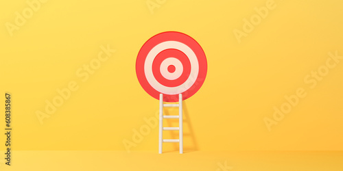 White ladder leads to a target on a yellow background. Concept of achieving goals, planning, inspiration. 3d rendering illustration
