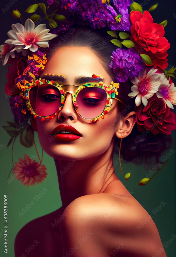 Fototapeta premium Illustration of a sunglasses girl. Beauty flowers face of a woman. Flowers in the head. Generative AI.