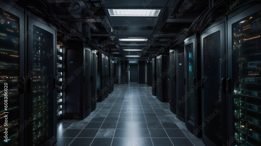 Obraz premium Inside the Data Center. Where Information Never Sleeps. Generative AI
