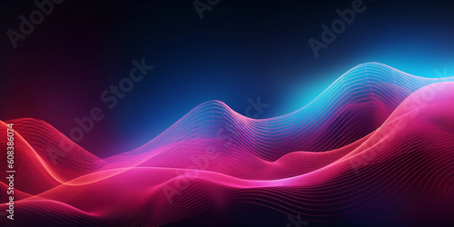Two colored wave lines in the background, audiovisual installations, atmospheric effects, glows, deep pink and sky blue. Generative AI.