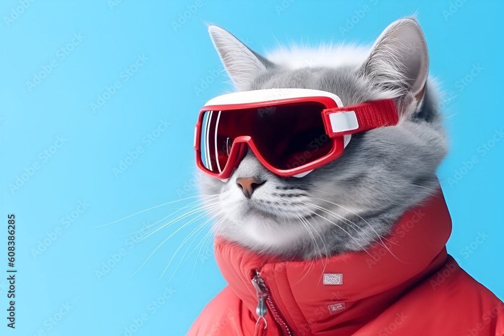 gray cat in ski goggles and a winter jacket. on a blue background. winter holiday concept generated by AI. Generative AI