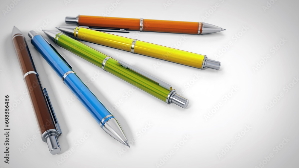 Group of ballpoint pens standing on white background. 3D illustration