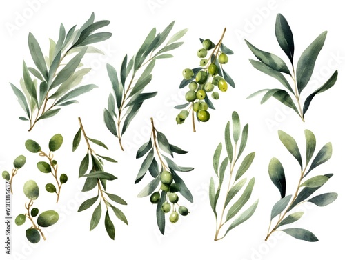 Watercolor olive leaf Botanical collection natural elements on white background. Symbol of peace. Generative Ai. photo