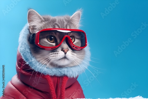 gray cat in ski goggles and a winter jacket. on a blue background. winter holiday concept generated by AI. Generative AI