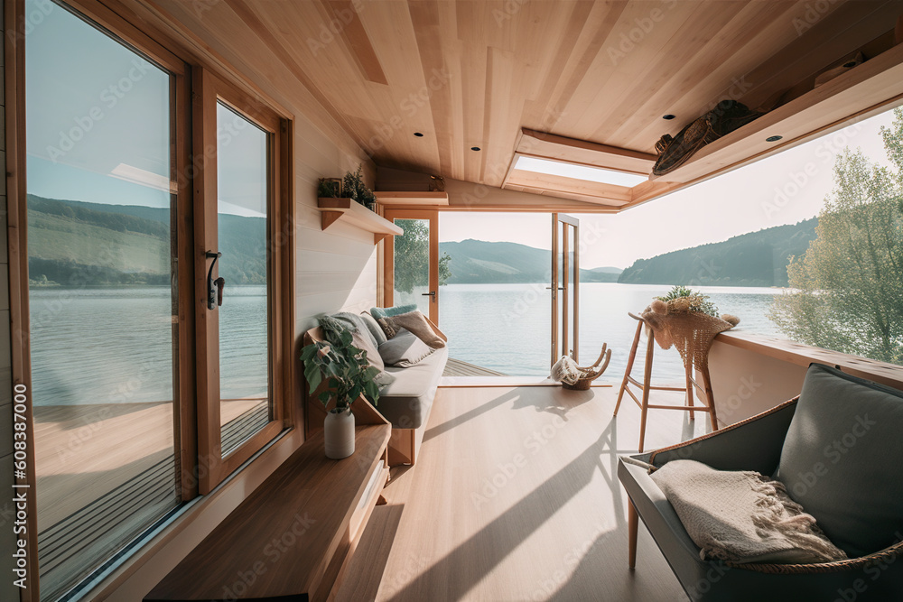 A living room with a view of the water. AI generative. Tiny house, houseboat interior.
