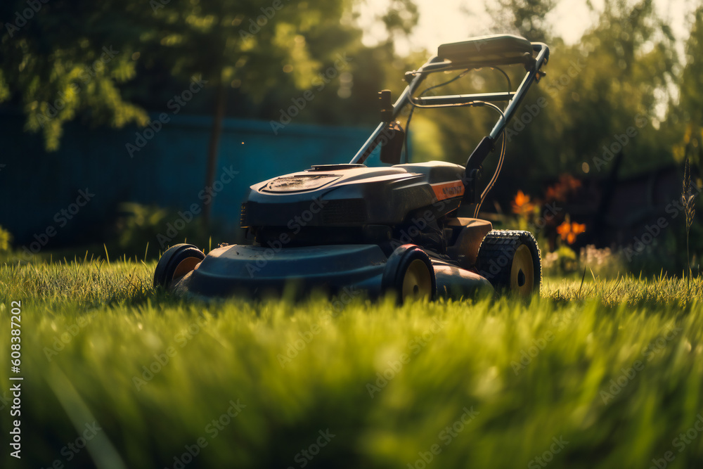 Fototapeta premium Mowing the Lawn. A Beautifully Trimmed Backyard. Generative AI