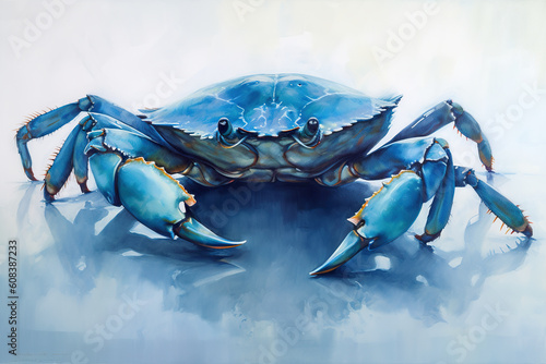 A painting of a blue crab on a white background. Generative AI.