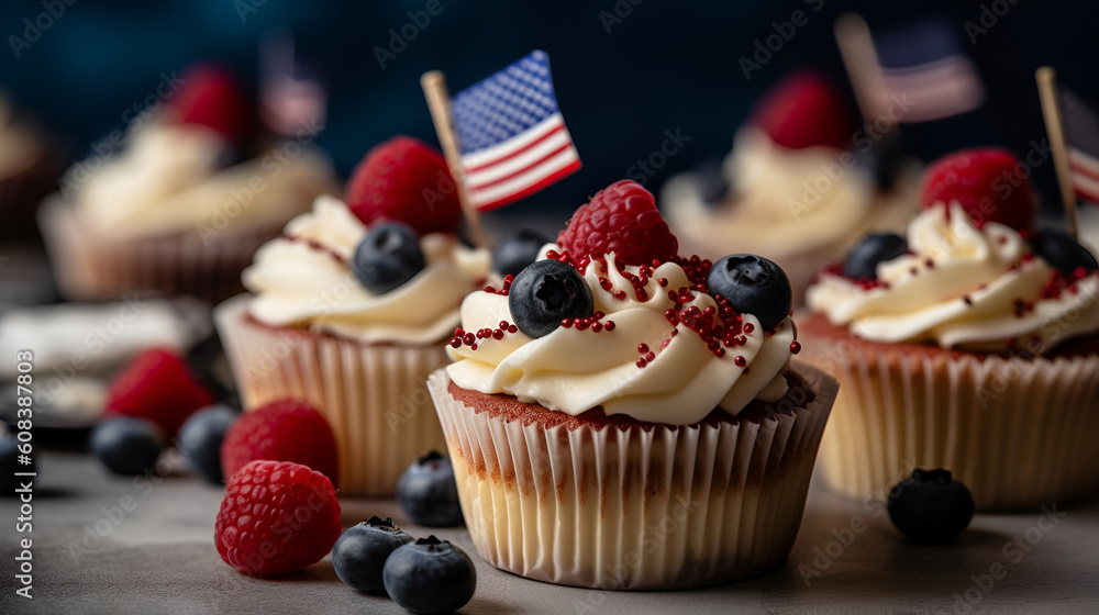 cupcakes with patriotic american flags and berry on dark background with copy space . Generative AI