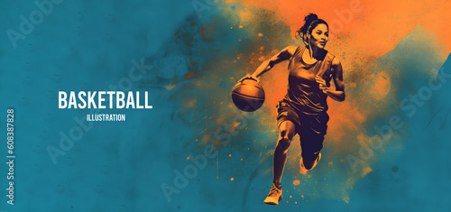 Realistic silhouette of a basketball player. Woman in action isolated on orange background. Generative Ai illustration © ckybe