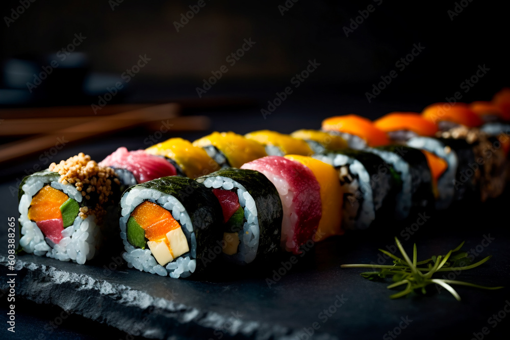 Sushi rolls on a black slate board. AI Generated Sushi rolls on a black slate board. AI Generated