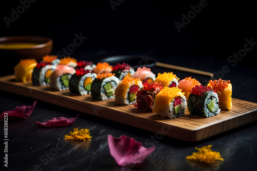 Sushi rolls on a black slate board. AI Generated