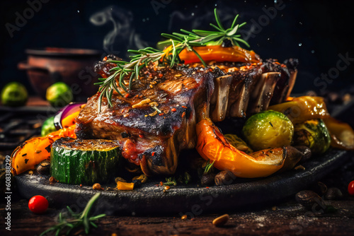 Tender pork ribs grilled to perfection and served with a mouthwatering array of fried vegetables cooked over an open fire. . Generative AI © EwaStudio